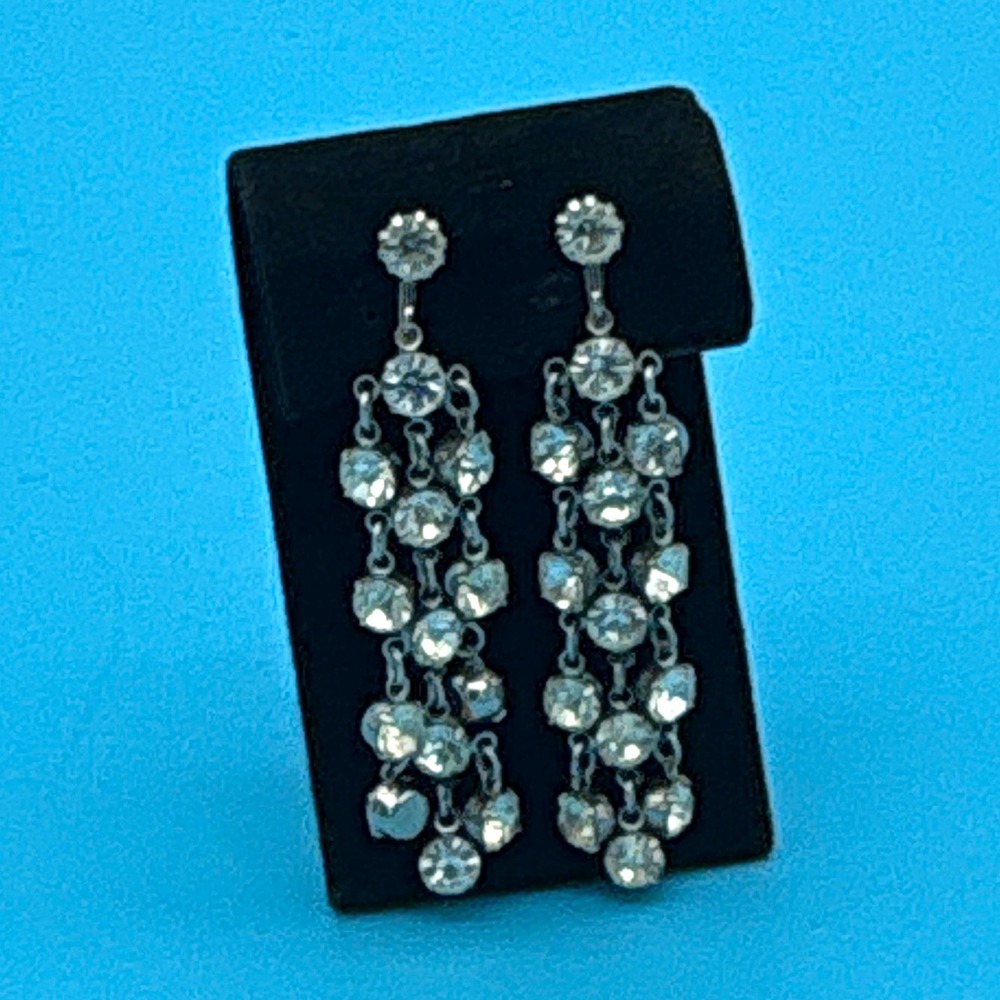 Vintage 1950s Rhinestone Waterfall Dangle Earrings Long Cascade Clip On Prom